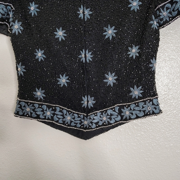 Vintage Papell Boutique Evening Top Womens Small Black Blue Floral Silk Beaded - Picture 9 of 14